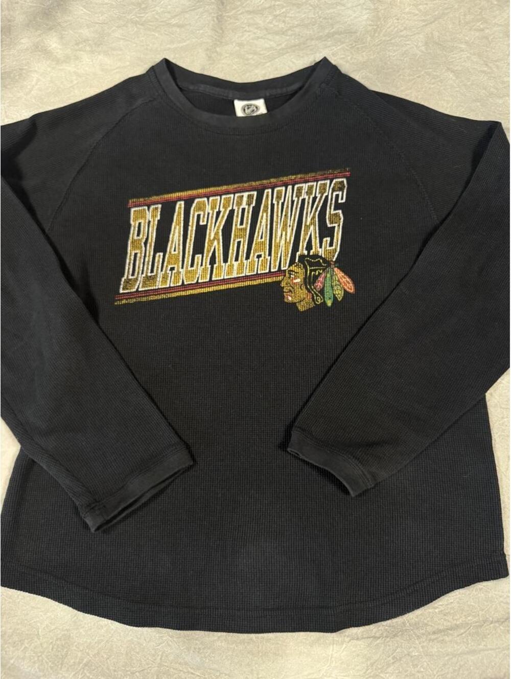 Vintage Chicago Blackhawks NHL Waffle-Knit Thermal Sweatshirt, Charcoal Black